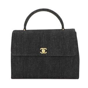 CHANEL Hand Bag Denim Leather Black Vintage Coco Logos Purse 90277557